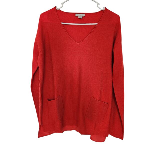 Garnet Hill Silk Wool Blend V Neck Knit Sweater S Burned Out Red Office Cozycore - Picture 1 of 8